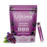 Ultima Replenisher poudre électrolytique raisin, sachets pour hydratation quotidienne.