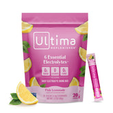 Ultima Replenisher sachets électrolyte citron-rose pour hydration quotidienne sans sucre.
