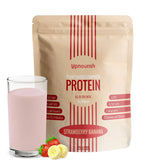 UpNourish poudre protéine végane fraise-banane dans bouteille prête à mélanger.