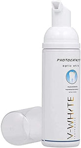 V-WHITE dentifrice mousse blanchissant, bouteille, nettoyage en douceur et haleine fraîche.