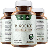Vegan Labs Acide R-Lipoïque 300 mg – bouteille visible et soutien potentiel à l'énergie cellulaire