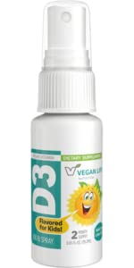 Vegan Life Nutrition vitamine D3 spray enfants, saveur orange, pratique et facile à administrer au quotidien.
