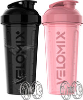 VELOMIX Bouteille mélangeuse rose-noir en gros plan, pratique et capacité visibles.