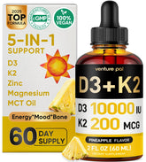 Bouteille Venture Pal montrant D3 et K2 pour le soutien des os.
