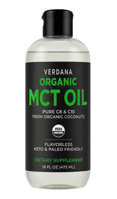 Verdana Organic MCT Oil : bouteille neutre prête à être ajoutée au café.