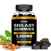 Gros plan sur les gommes Shilajit Veris Vigor, énergie naturelle prête à consommer.