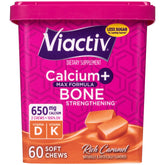 Viactiv Calcium D gommes caramel, boîte visible et soutien potentiel des os