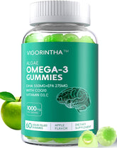Gommes Omega-3 Vigorintha dans une bouteille, favorisant concentration et énergie au quotidien.