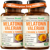 Vimerson Health mélatonine 3 mg et L-theanine, bouteille montrée, soutien au sommeil durable.