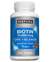 Vispura biotine 10000 mcg avec zinc et sélénium, bouteille visible, soutien potentiel cheveux et ongles