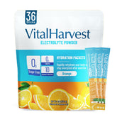 VitalHarvest 36 sticks électrolytes orange emballage pratique pour hydratation rapide.