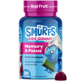 Gommes Smurfs Focus de VITABURST dans une bouteille, soutien potentiel à l’attention des enfants.