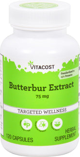 Vitacost Butterbur Extract – bouteille et gélules visibles, soutien potentiel au quotidien.