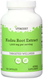 Vitacost Kudzu en bouteille, capsules visibles, soutien potentiel au bien-être quotidien.