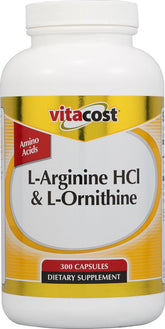 Vitacost L-Arginine HCl & L-Ornithine – bouteille affichant l’étiquette et le potentiel soutien à l’endurance.