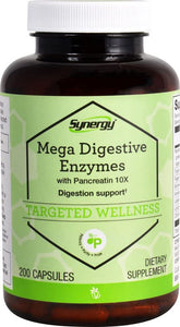 Vitacost Mega Digestive Enzymes Pancreatin 10X, bouteille, soutiennent la digestion et l'absorption des nutriments.