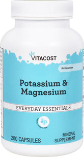 Flacon Vitacost Potassium et Magnésium, 200 capsules, soutien potentiel des muscles et du métabolisme.
