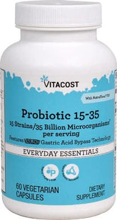 Vitacost Probiotic 15-35, bouteille de 60 gélules végétariennes pour le microbiote intestinal.