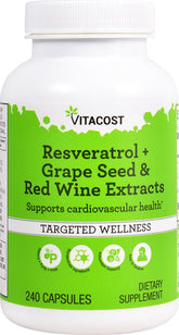 Vitacost Résveratrol – flacon avec pépins de raisin, soutien antioxydant potentiel.