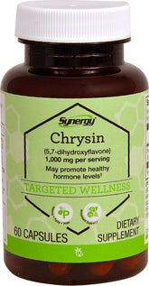 Vitacost Synergy Chrysin, bouteille de capsules, soutien antioxydant et usage quotidien pratique.
