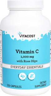 Bouteille Vitacost vitamine C 1000 mg avec cynorrhodon, soutien potentiel du bien-être quotidien.