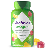 Vitafusion Gommes Oméga-3, bouteille ouverte, goût baie-citronnade, usage quotidien pratique.