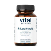 Vital Nutrients Acide R-Lipoïque : bouteille présentant les capsules, soutien potentiel au métabolisme.