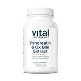 Bouteille Vital Nutrients Pancréatine et Bile d'Ox 500 mg prête à accompagner les repas riches.