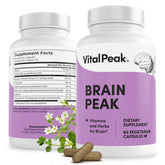 Vital Peak Brain Peak : bouteille et capsules pour clarté mentale potentielle.