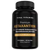 Vital Vitamins Astaxanthin gélules — boîte montrant le produit, hydratation cutanée et éclat naturel