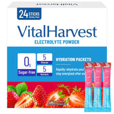 VitalHarvest 24 sachets emballés pour hydratation rapide en déplacement.