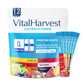 VitalHarvest emballage pratique de 12 sticks électrolytes pour hydratation rapide.