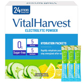 VitalHarvest sachets électrolytes citron-concombre prêts à mélanger pour hydratation rapide.
