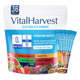 VitalHarvest sachets électrolytes sans sucre, hydratation rapide et pratique.