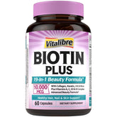 Vitalibre Biotine Plus — bouteille en premier plan pour cheveux forts et peau éclatante.