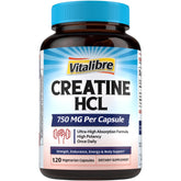 Vitalibre Créatine HCl capsules 750 mg, emballage pratique et absorption élevée.