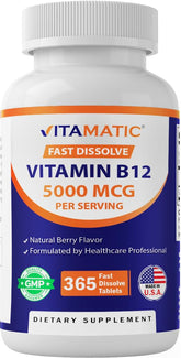 Vitamatic B12 5000 mcg bouteille dissolution rapide avec arôme framboise, soutien énergie possible