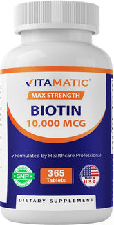 Vitamatic Biotin 10 000 mcg - tablettes véganes soutiennent potentiellement cheveux et ongles.