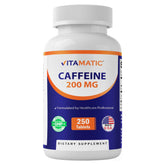 Vitamatic caféine 200 mg tablettes en bouteille pour énergie potentielle.