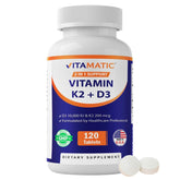 Vitamatic D3 K2 tablettes – Bouteille visible, soutien potentiel des os et du calcium.