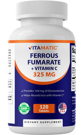 Vitamatic Ferrous Fumarate: bouteille visible avec tablettes enrobées faciles à avaler.
