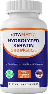 Vitamatic Kératine hydrolysée – bouteille montrée, soutien potentiel de la peau et des cheveux.