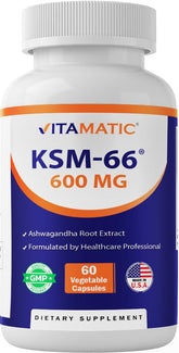 Vitamatic KSM-66 Ashwagandha bouteille 60 capsules, énergie soutenue.