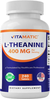 Vitamatic L Théanine, bouteille de 240 comprimés, idéale pour une routine durable.