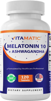 Vitamatic Mélatonine 10 mg Ashwaganda en bouteille, pour une relaxation nocturne.
