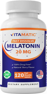 Vitamatic Mélatonine 20 mg dissolution rapide, saveur fruits rouges, transition vers le sommeil.