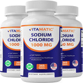 Vitamatic Chlorure de sodium 1000 mg, bouteille, soutien hydratation pour sportifs.