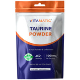 Vitamatic Taurine Pure 1000 mg, bouteille, soutien potentiel énergie quotidienne.