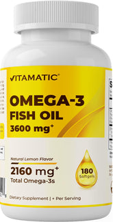 Vitamatic Omega-3: bouteille montrant la prise quotidienne pratique.