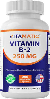 Vitamatic Vitamine B2, bouteille 200 capsules, soutien potentiel à l'énergie et au métabolisme.
